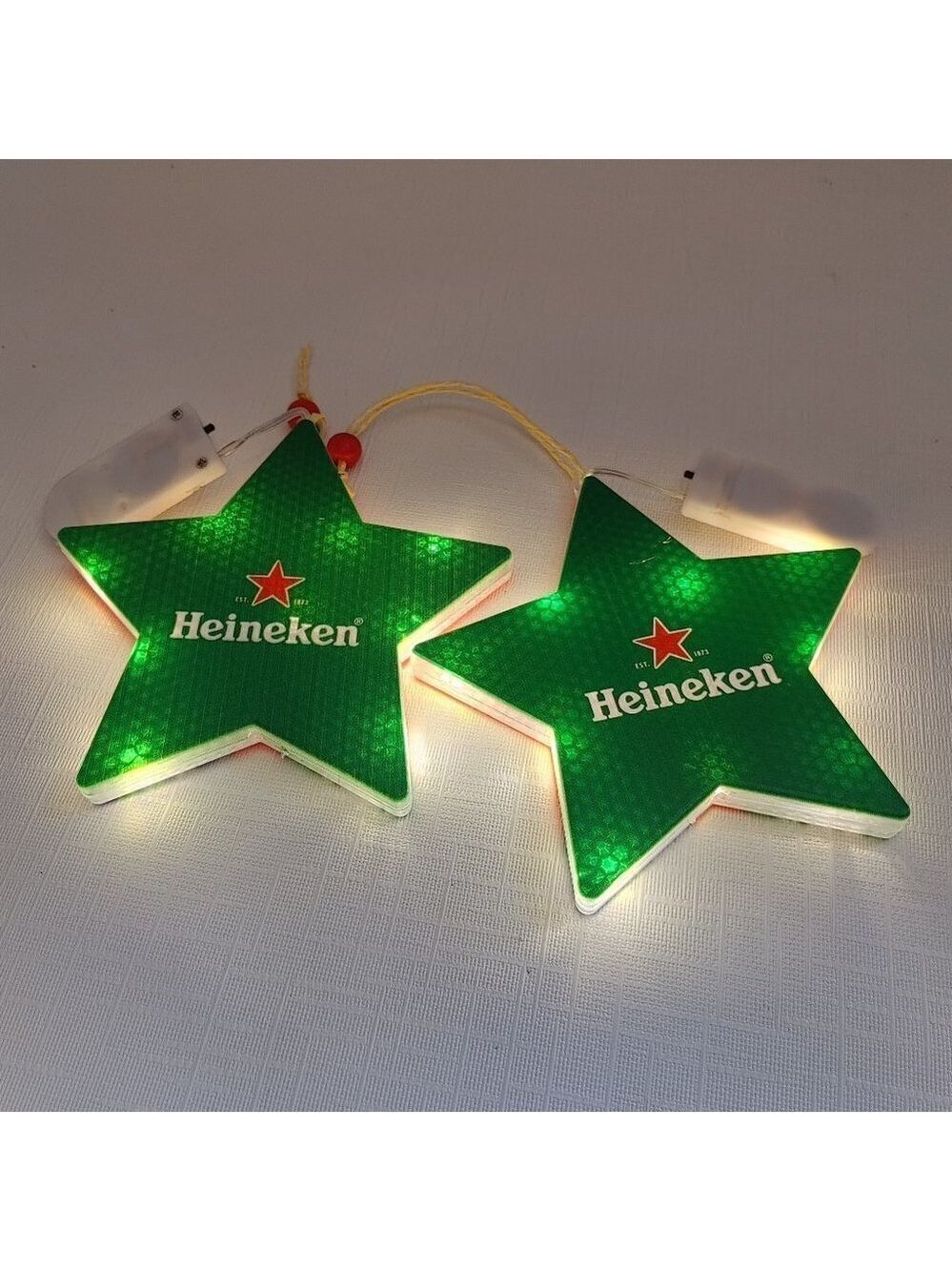 FUN HEINEKEN Beer Christmas Ornament STARS LIGHT UP PAIR